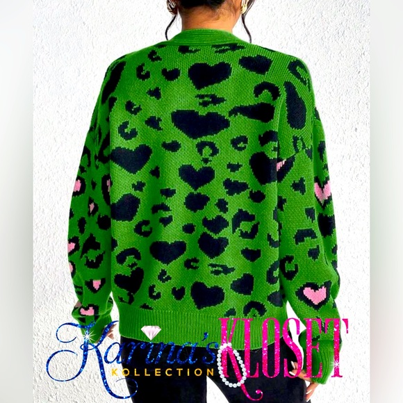 Jungle Love, Pink Heart 💖 & Green Leopard V Neck Button-Up Cardigan Sweater. - Picture 2 of 3